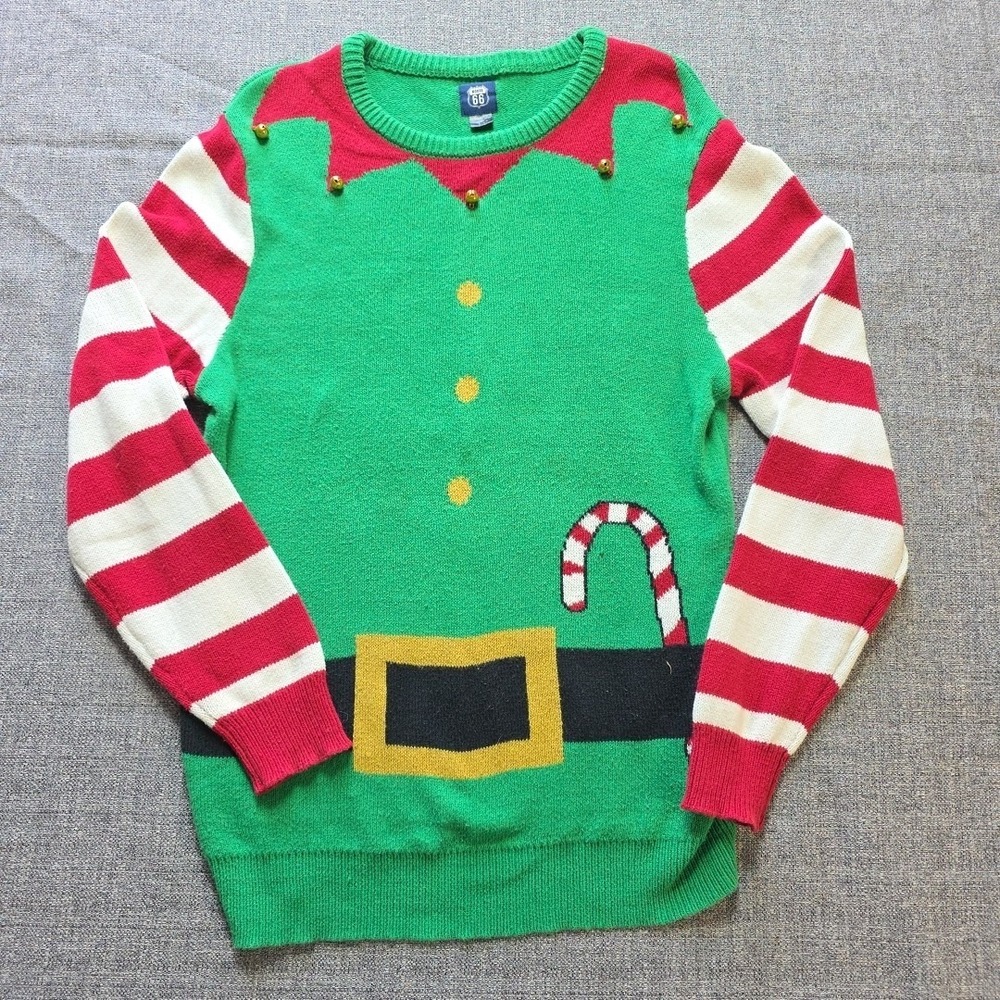 Route 66 Ugly Christmas Sweater Elf  Women's Size Small Jingle Bells Candy Cane